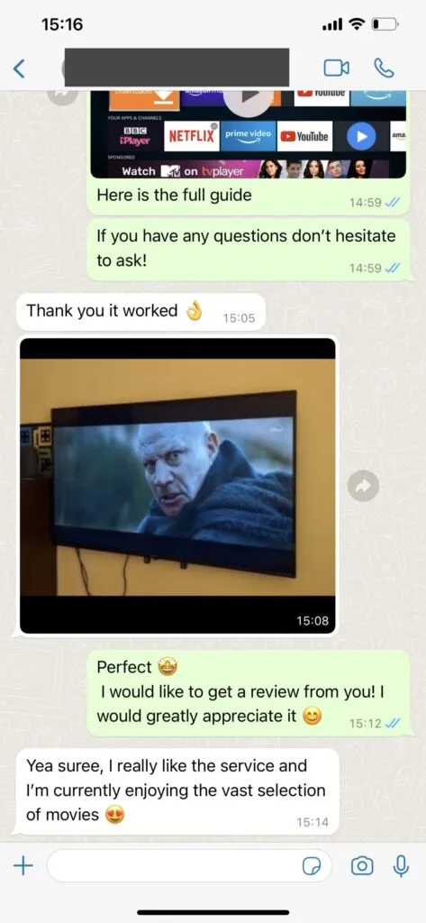 Captura de ecrã conversa WhatsApp cliente satisfeito Osiris IPTV